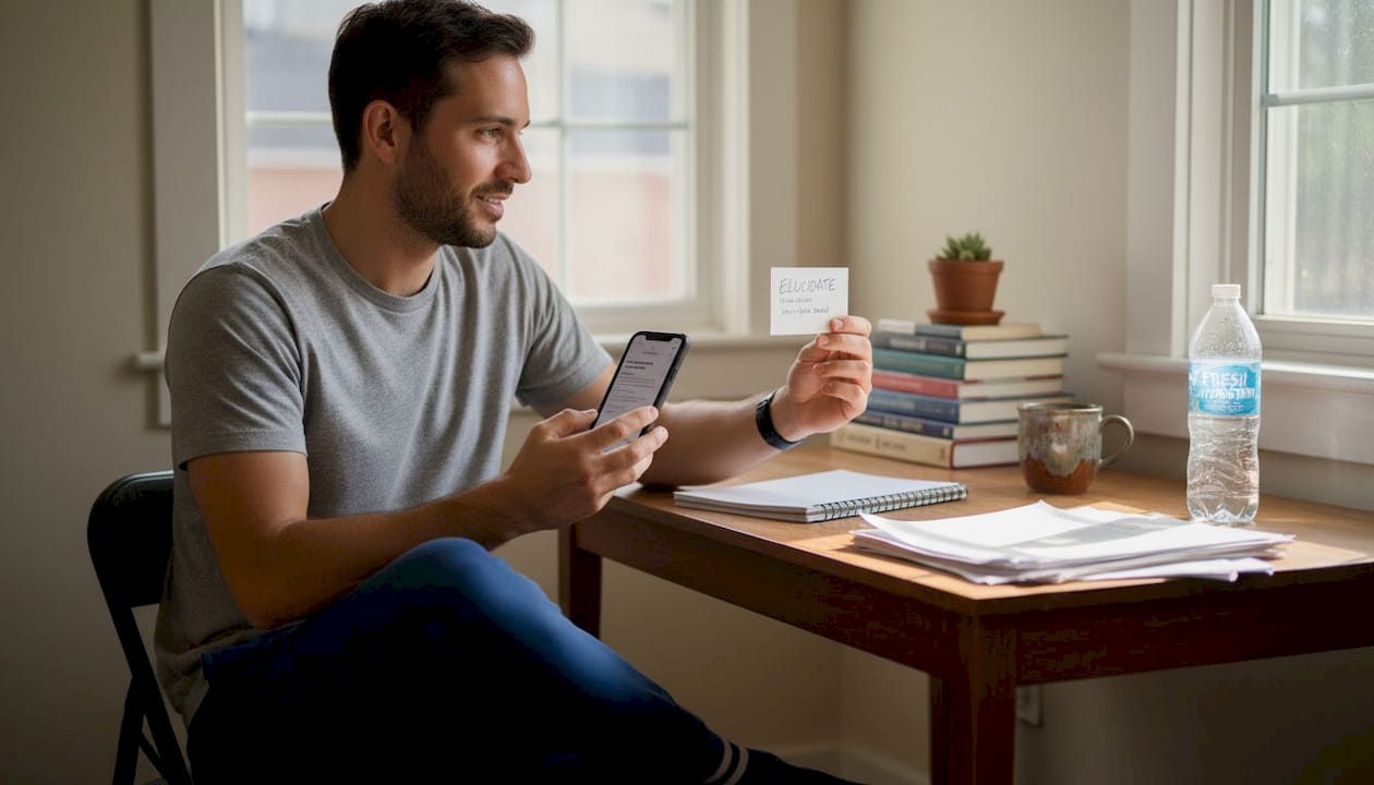 Man following daily Spanish study routine