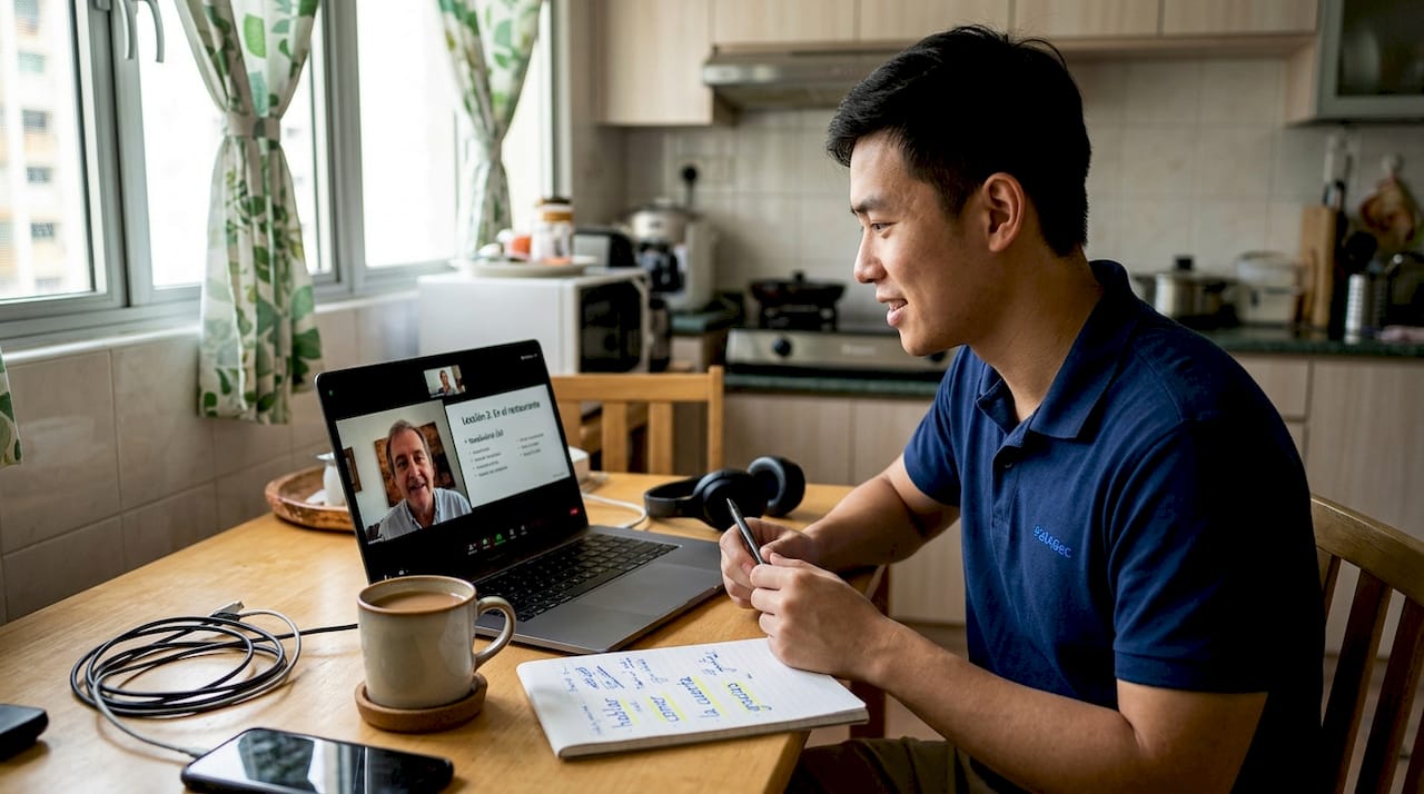 Man attending private online Spanish lesson at home