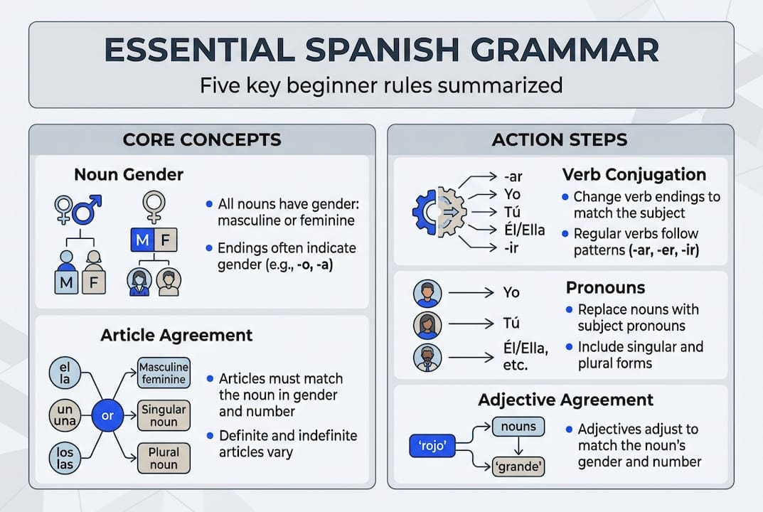 Infographic showing five Spanish grammar basics