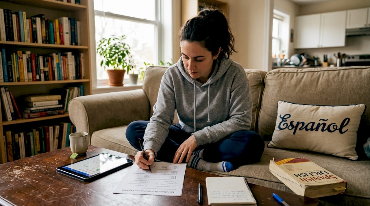 Woman practicing Spanish adjective agreement