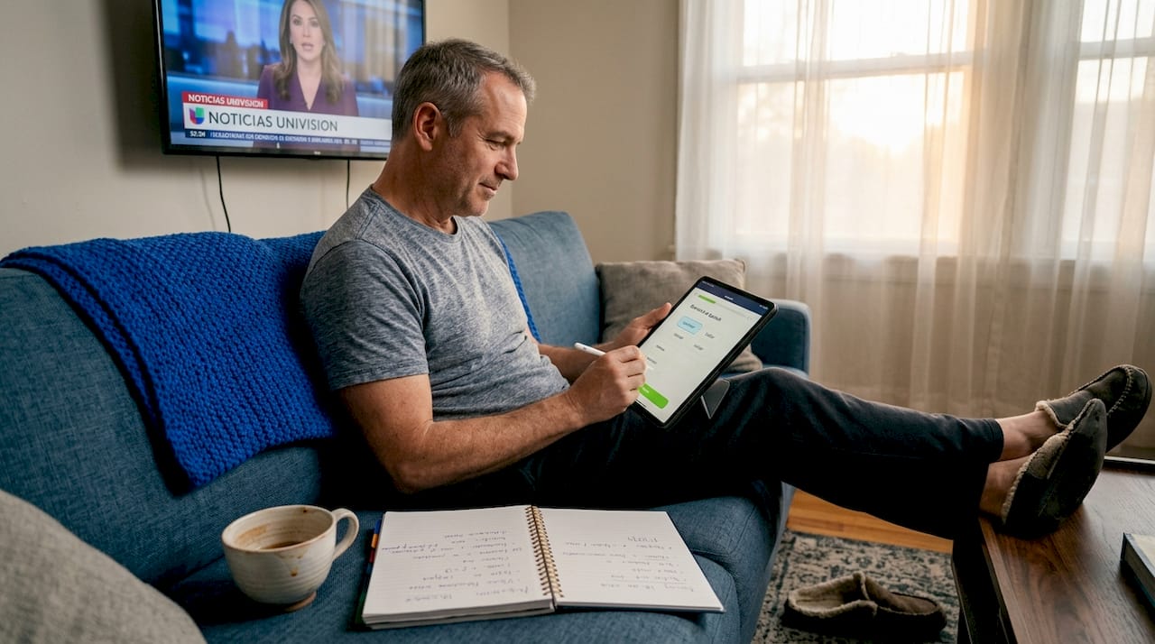 Man studying Spanish with tablet at home