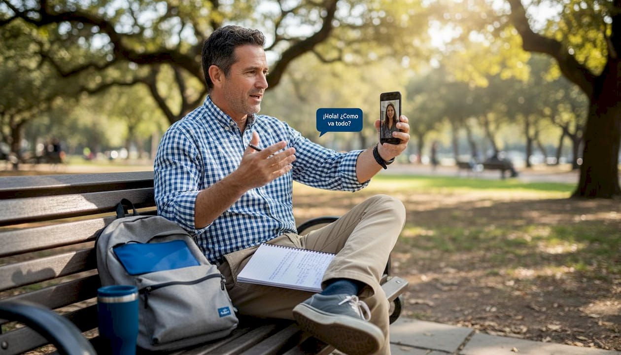 Man practicing Spanish conversation outdoors