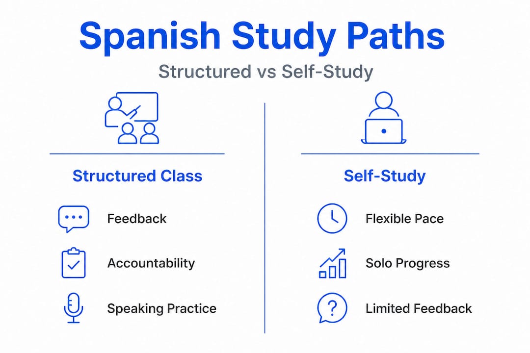 Infographic comparing structured and self-study Spanish