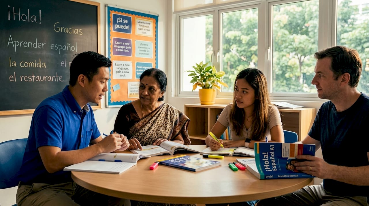 Adult students practice Spanish in classroom