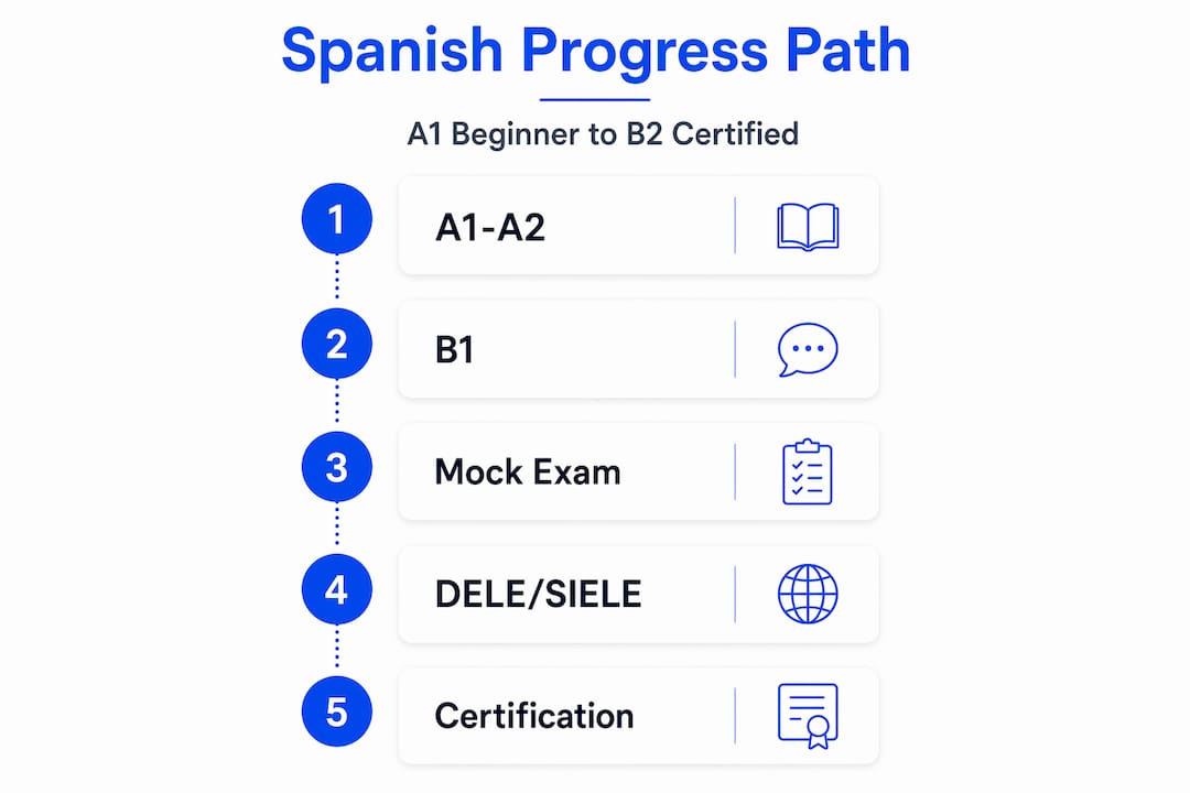 Infographic showing Spanish level progression and exam steps