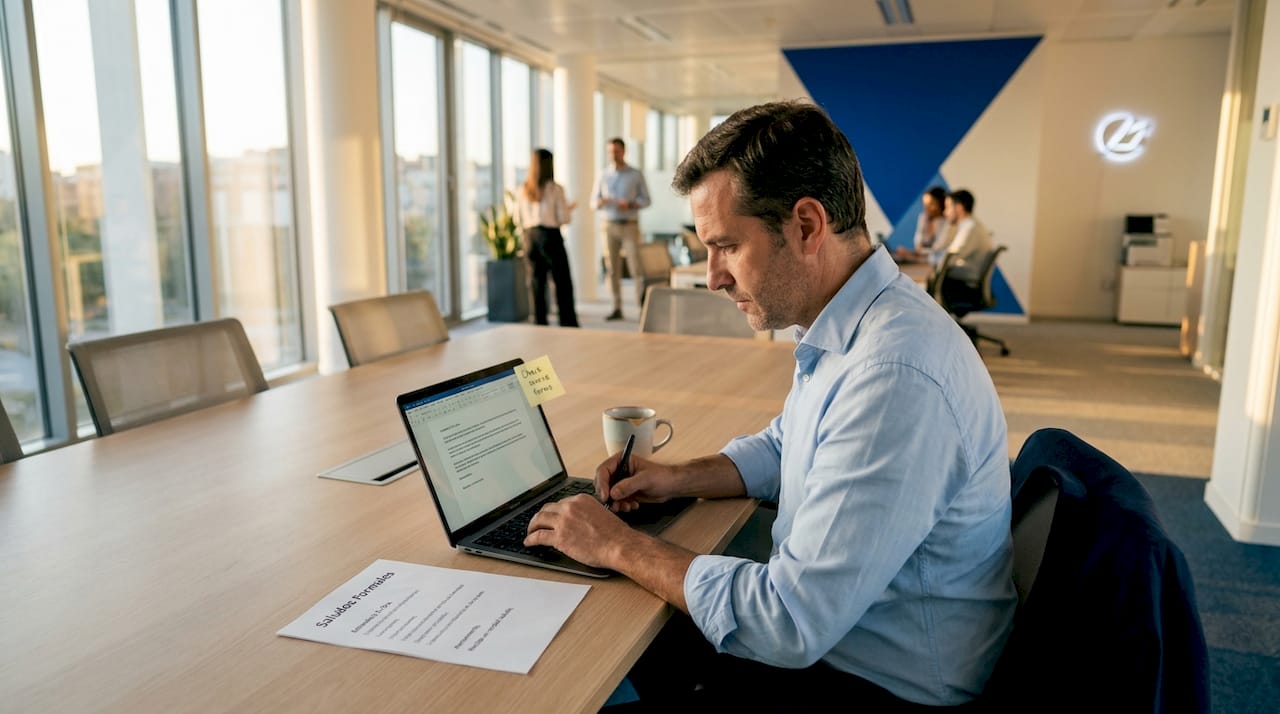 Manager writing formal Spanish email at desk