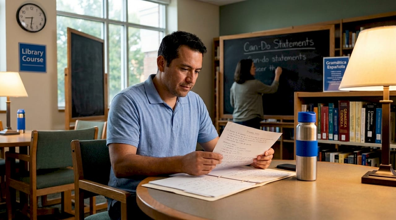 Adult student learning Spanish in classroom setting