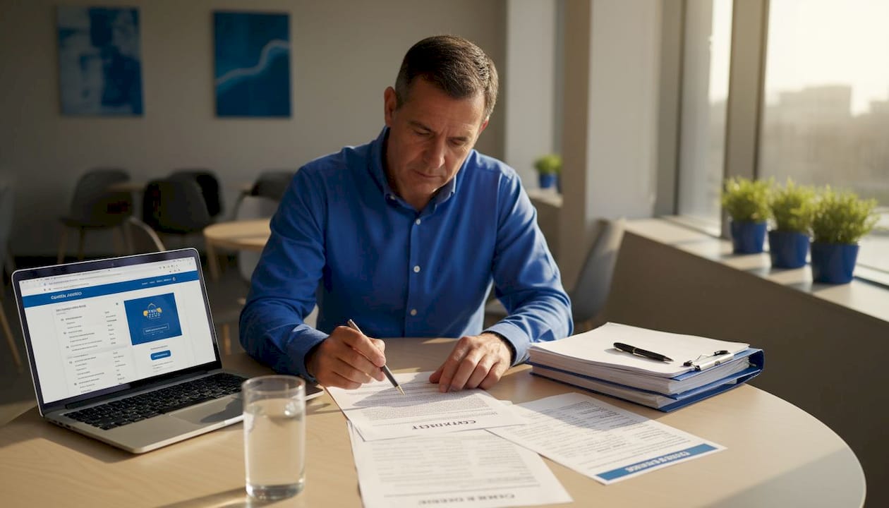 Man studying Spanish contract at meeting table