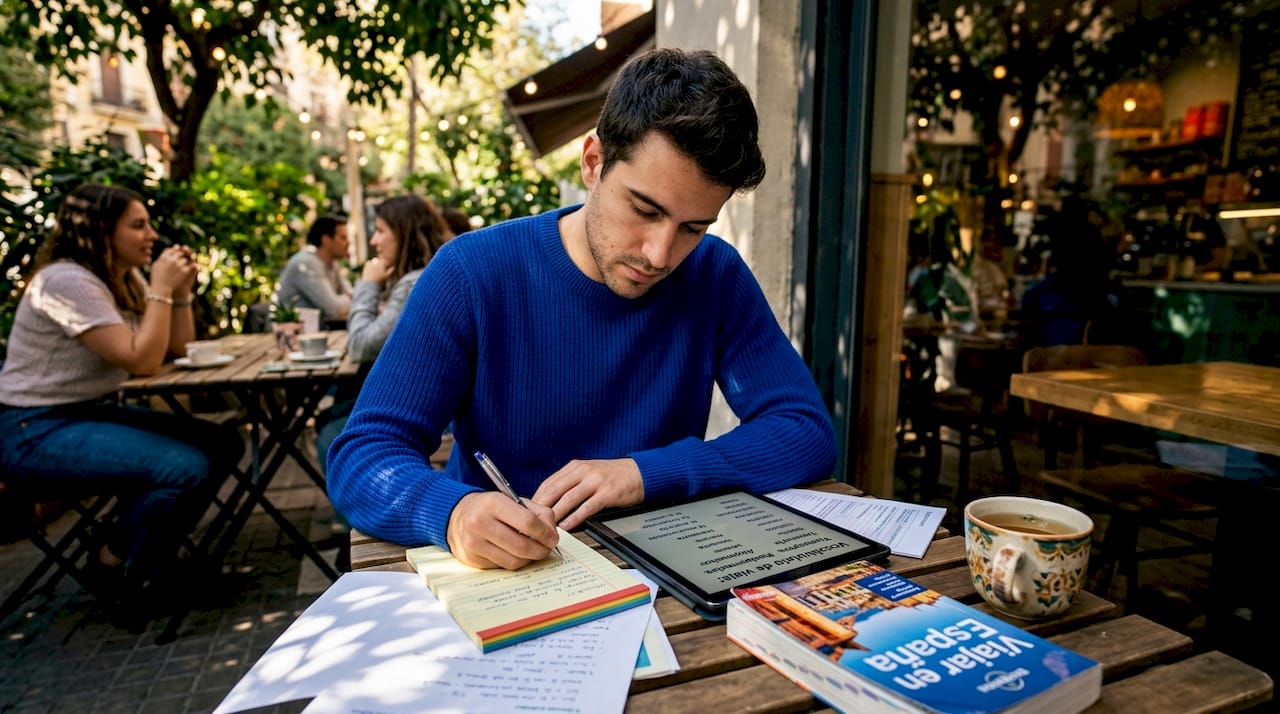 Man studying Spanish travel vocabulary in café