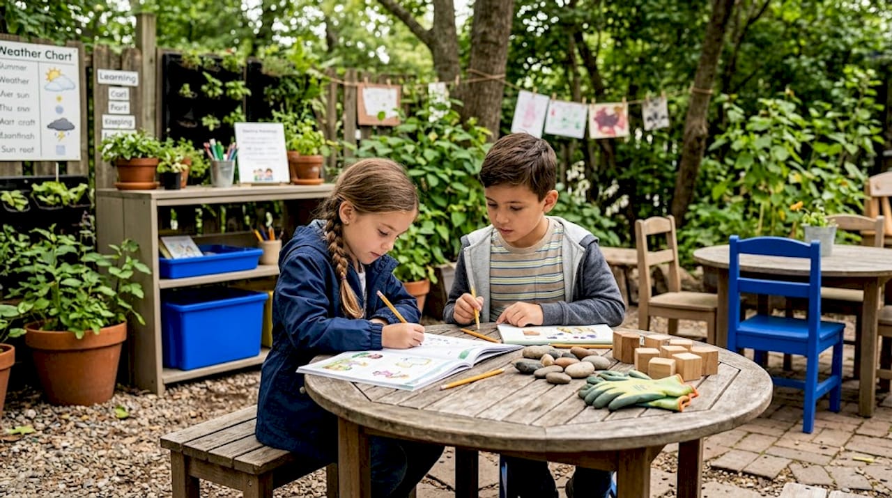 Children practicing bilingual language with teacher