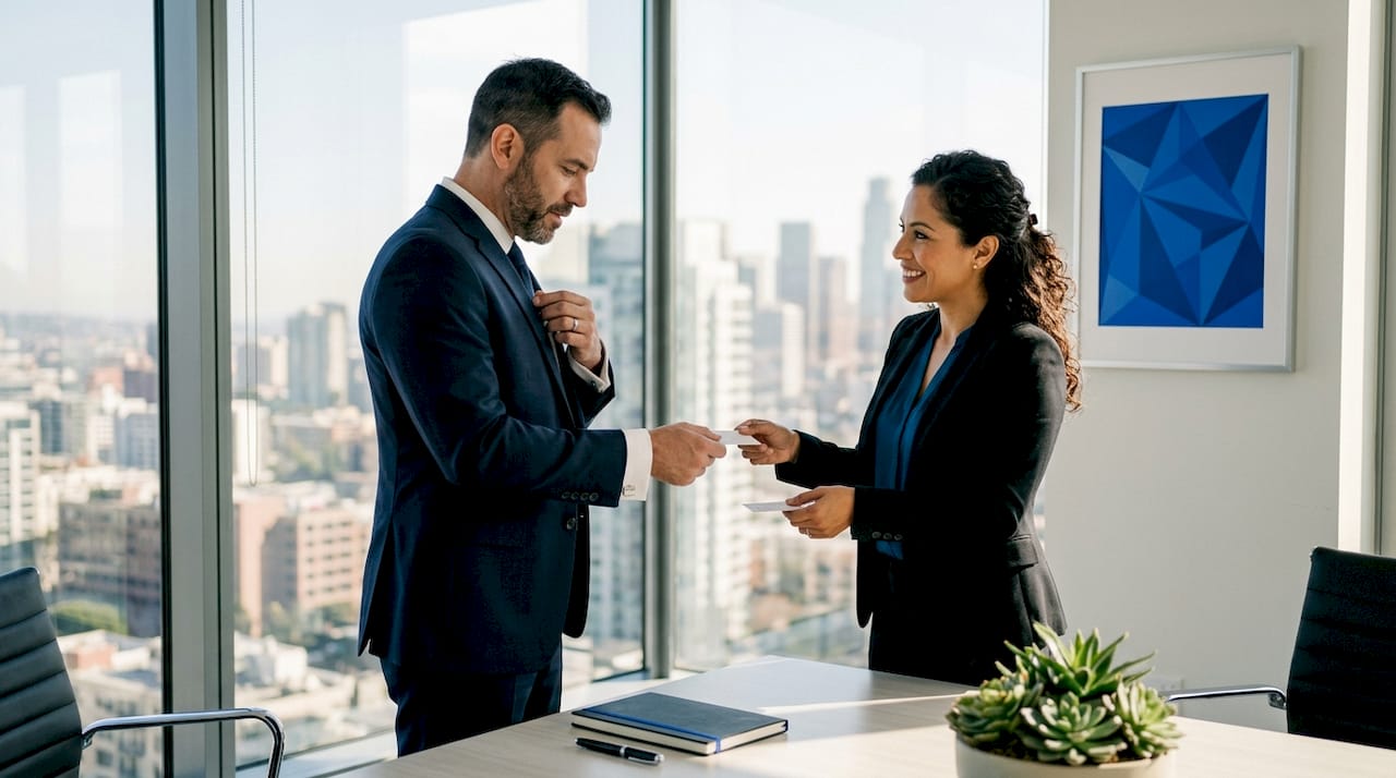 Business professionals exchanging cards in office