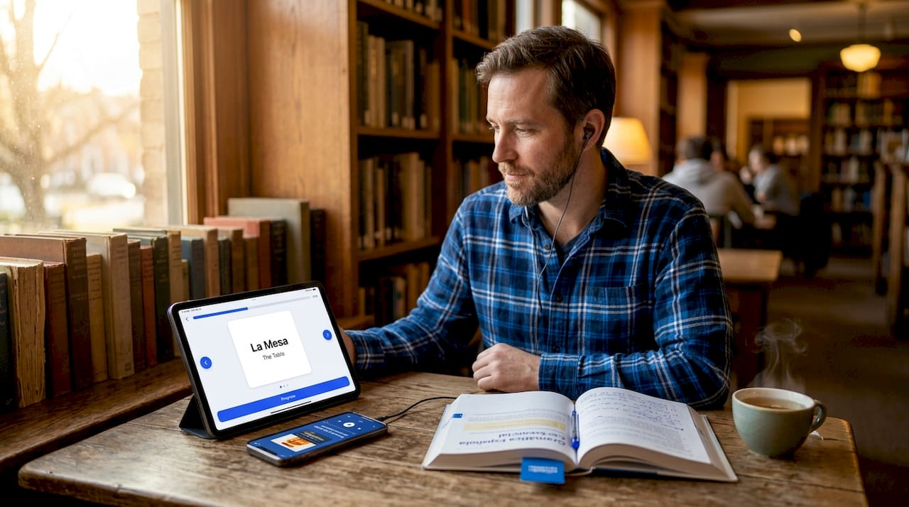 Man studying Spanish with audio and books