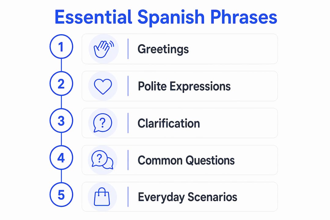 Infographic showing essential Spanish phrases steps