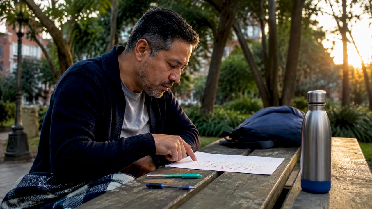 Man studying Spanish stress rules outdoors