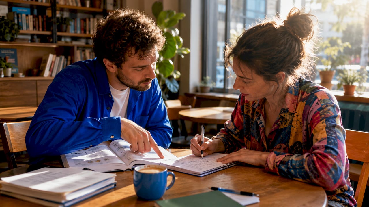 Two adults collaborating on language learning task