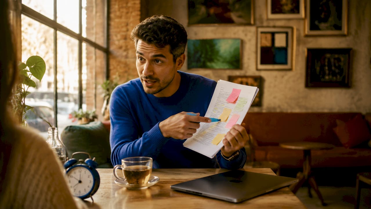 Instructor pointing at bilingual text during explanation