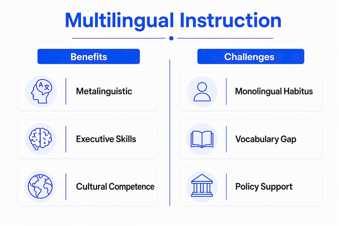 Infographic comparing benefits and challenges of multilingual instruction