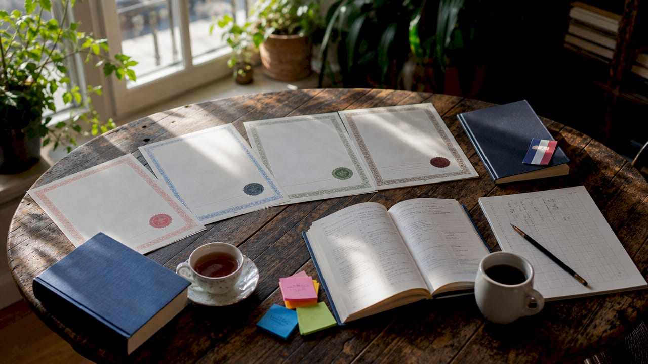 Overhead view of language certification materials on table