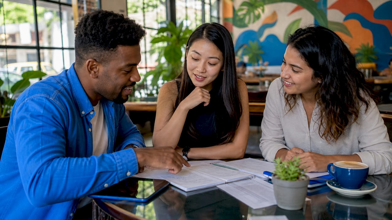 Diverse young professionals collaborating around table