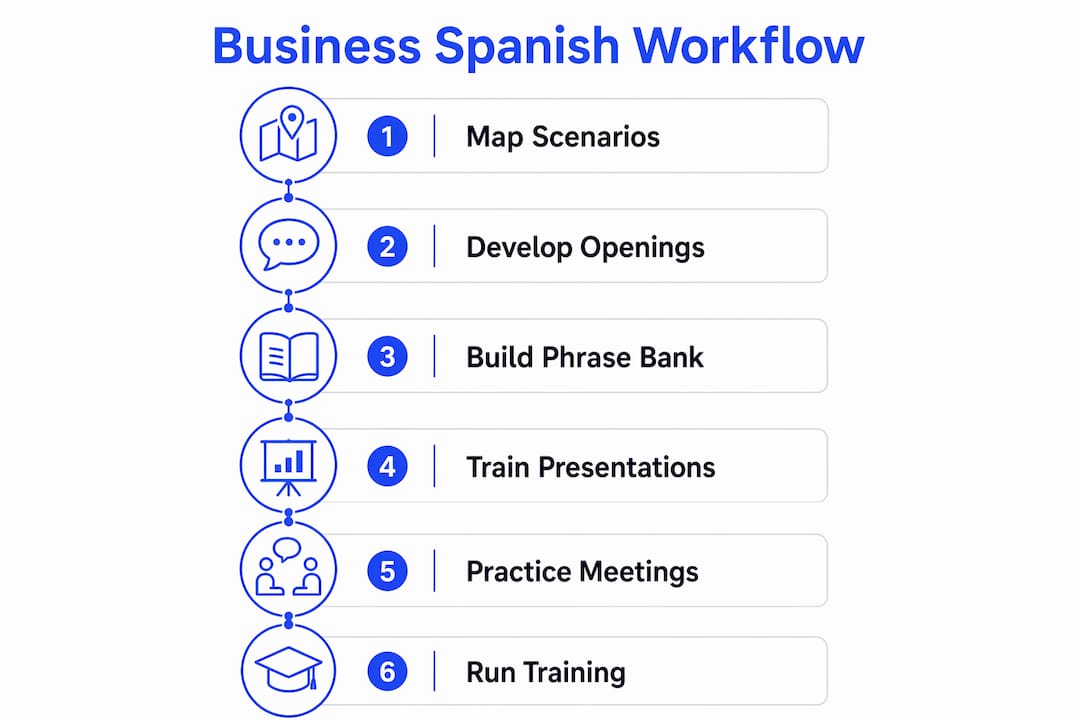 Infographic of business Spanish communication workflow steps