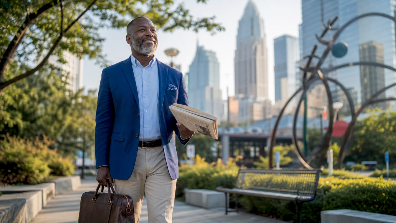 Professional man outside office building with briefcase